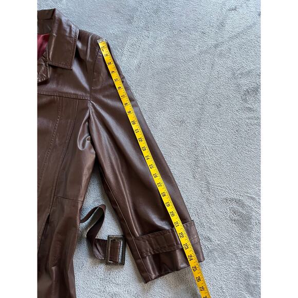 Vintage 60s 70s Brown Leather Short Trench Coat Jacket Belted XL Made in USA - Picture 15 of 16